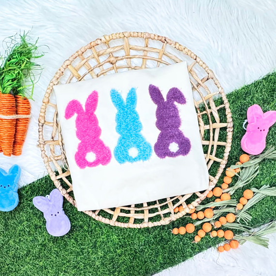 Triple Easter bunny fluffy chenille patch in pink blue and purple iron on applique for boutique spring apparel