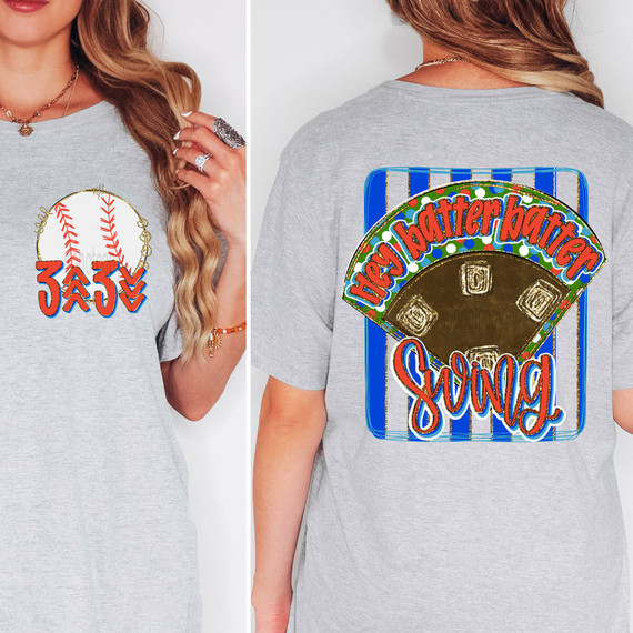 Hey Batter Batter Swing SET DTF Heat Transfer, baseball-themed heat transfer design on a gray T-shirt with the phrase 'Hey Batter Batter Swing' and a baseball graphic.