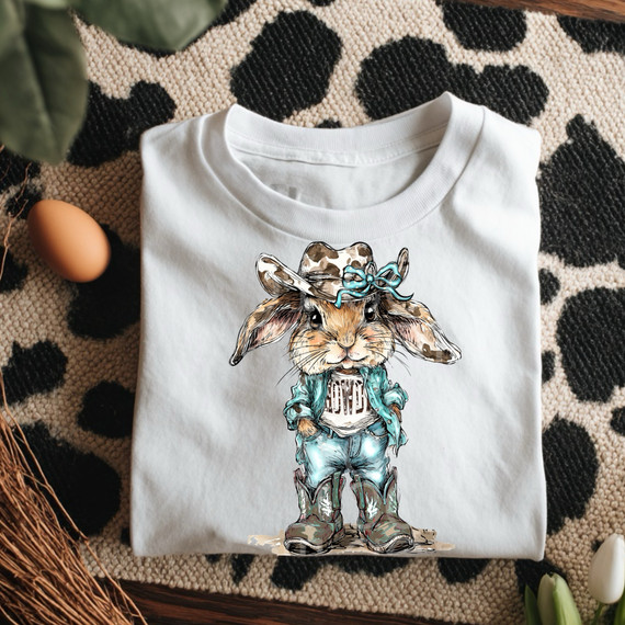 Hand illustrated western Easter bunny wearing a howdy tshirt, cowgirl boots, turqouise bow, cow print cowgirl hat. 