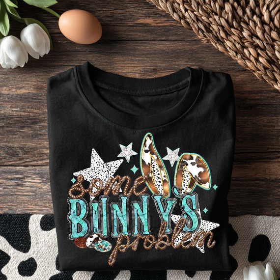 Some Bunny's Problem DTF Heat Transfer, black sweatshirt with bunny, stars, and text design.