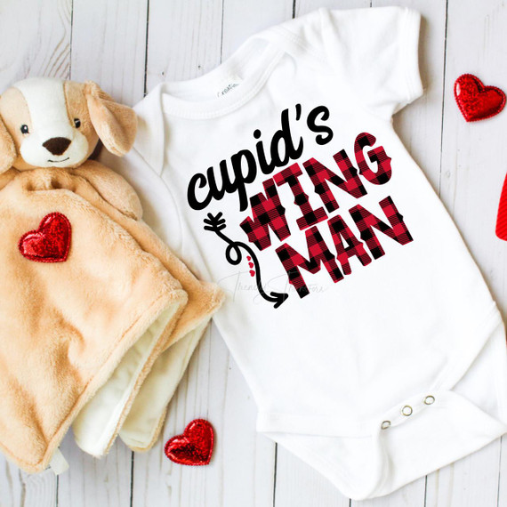 Cupid's Wingman Plaid Valentine Sublimation Transfer, white baby onesie with black and red plaid text design for Valentine's Day.
