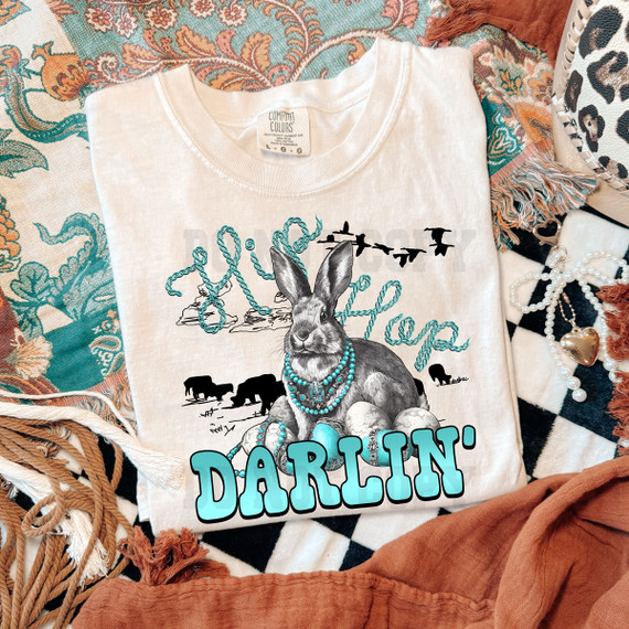 Hip Hop text in a rope-lasso style and bright turquoise "darlin'" with an Easter bunny adorned in turquoise jewelry.