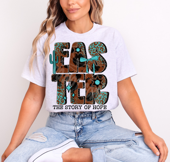 Bold cow print and turquoise leopard lettering, with western elements.