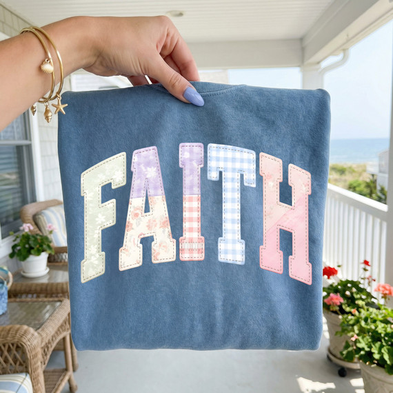 Faux Fabric Patchwork Faith DTF Heat Transfer, colorful patchwork letters spelling 'FAITH' on a blue fabric background.