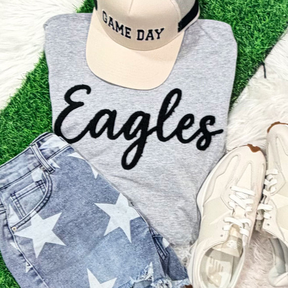 eagles fluffy chenille patch transfer on gray game day shirt