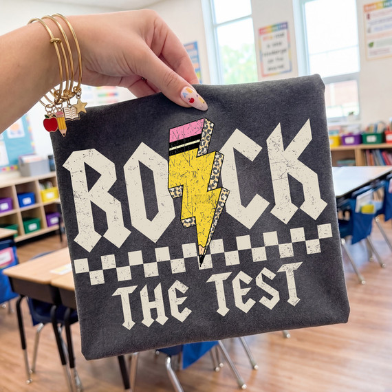 Rock The Test Pencil Lightning Bolt DTF Heat Transfer, colorful graphic design on a dark fabric.