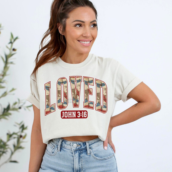 Rustic John 3:16 DTF Heat Transfer, cheerful woman wearing a white crop top featuring a love-themed design with the word LOVE and John 3:16 verse in a rustic style.