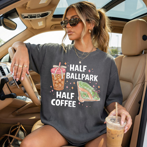 Half Ballpark Half Coffee DTF Heat Transfer, graphic design on a woman's T-shirt with illustrations of a baseball glove and drink, inside a car