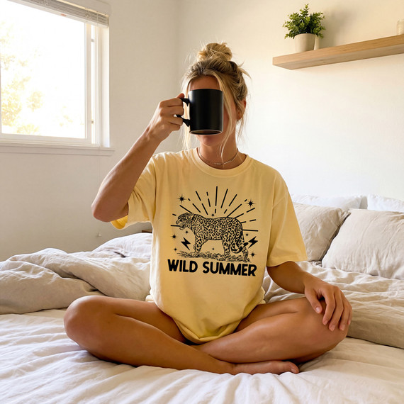 Wild Summer Leopard BLACK DTF Heat Transfer, a woman sitting on a bed wearing a yellow t-shirt with a leopard and sun graphic print while drinking from a black mug.