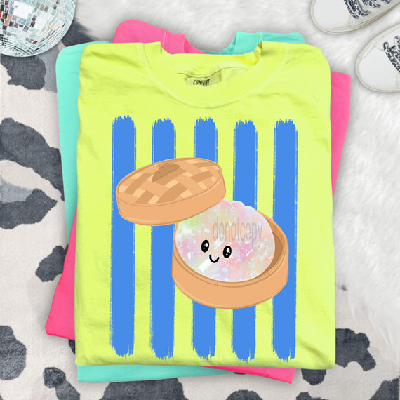 Glitter Dumpling Blue Stripes DTF Heat Transfer, colorful t-shirt with a cute sparkling dumpling character in a bamboo steamer.