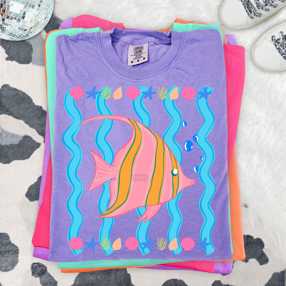 Coastal Stripe Fish DTF Heat Transfer, colorful fish and ocean-themed design on purple fabric.