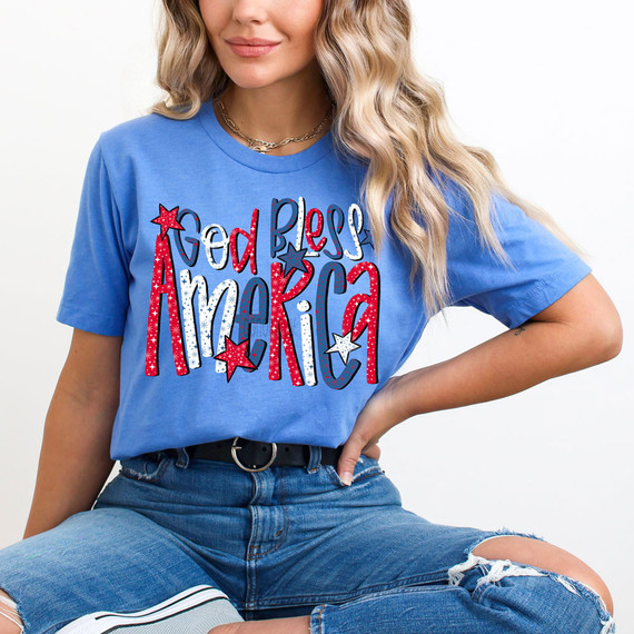 God Bless America Doodle DTF Heat Transfer, patriotic illustration with stars and stripes on the text.