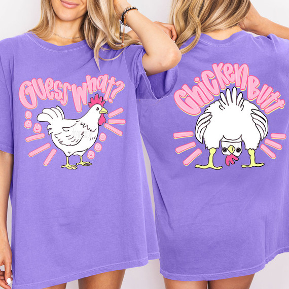 Guess What? Chicken Butt FULL SET DTF Heat Transfer, image of two women wearing purple t-shirts with humorous chicken designs and playful text about chickens.