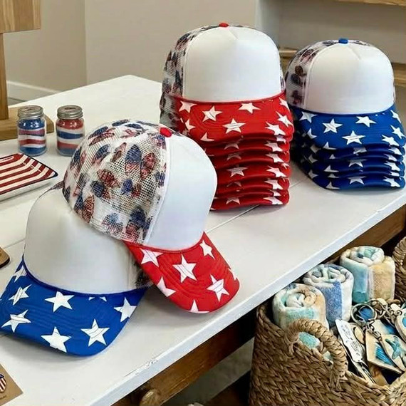 Patriotic Bows Foam Trucker Hat, outdoor-themed baseball caps with star patterns in red, white, and blue colors.