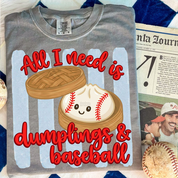 All I Need Is Dumplings & Baseball, product featuring a cute illustration of a baseball with a smiling face inside a dumpling container, on a gray T-shirt with striped background.