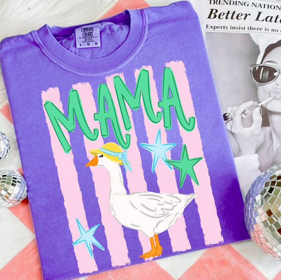 Mama Goose Retro DTF Heat Transfer, colorful heat transfer design featuring a goose wearing a hat, with the word 'Mama' and star shapes on a purple T-shirt.