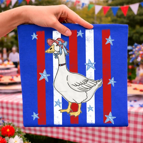 Patriotic Goose Stripes DTF Heat Transfer, a colorful heat transfer design featuring a patriotic-themed goose with red, white, and blue stripes and star accents.