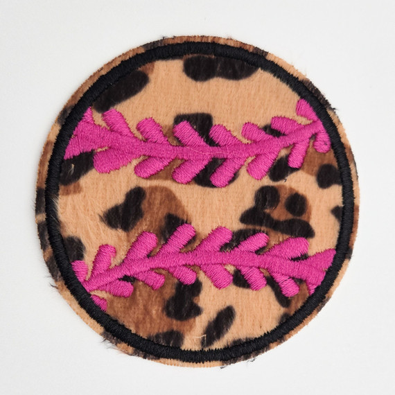 Fuzzy Leopard Baseball/Softball Embroidered HAT/POCKET Patch, pink embroidered leaf design on leopard print background.
