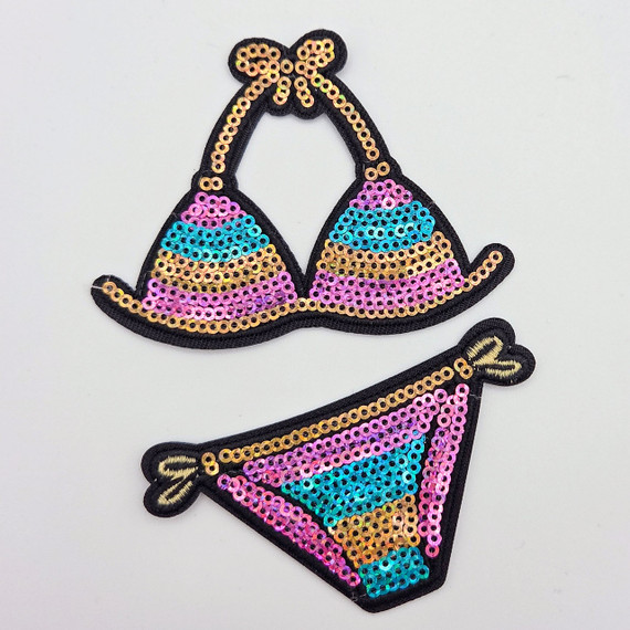 Bikini Sequin SET HAT/POCKET Patch, colorful sequin embroidered patch featuring a bikini top and bottom design with a small hat and pocket accents.
