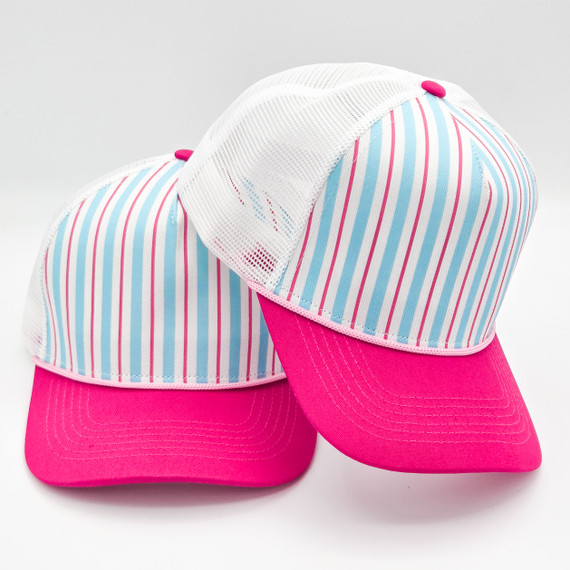 Pink & Blue Stripe Structured Cotton Trucker Hat – Fully Adjustable Boutique Blank Cap