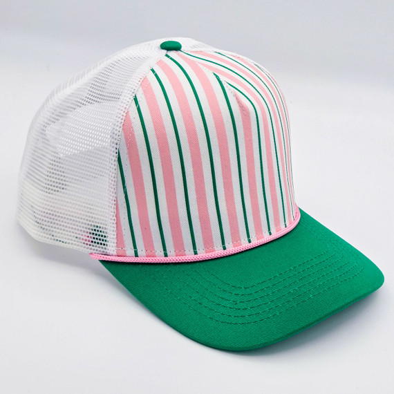 Green & Pink Stripe Structured Cotton Trucker Hat – Fully Adjustable Boutique Blank Cap, with a green bill, pink and white striped front panel, and white mesh back panel.