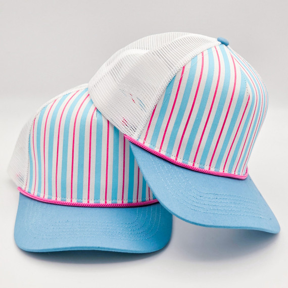 Blue & Pink Stripe Structured Cotton Trucker Hat – Fully Adjustable Boutique Blank Cap, featuring a colorful striped pattern, blue brim, and breathable mesh back.