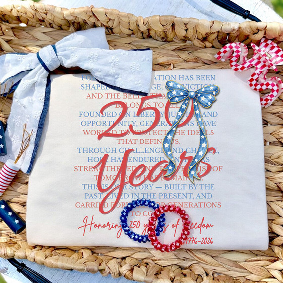 250 Years Bow DTF Heat Transfer, patriotic-themed adhesive flat transfer with a blue star-patterned bow, red and blue rings, and red text celebrating 250 years of freedom.