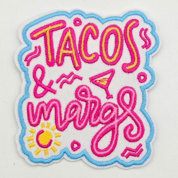 Tacos & Margs Embroidered Hat Patch, colorful patch with pink, yellow, and blue embroidery featuring tacos, margaritas, and sun designs.