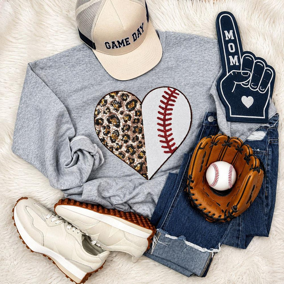 Leopard Baseball Heart Sequin Patch, with a baseball-themed design including a leopard print and a baseball heart patch.