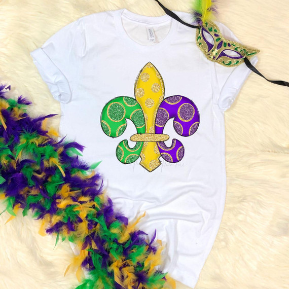 Mardi Gras glitter effect fleur de lis sublimation transfer, colorful and shiny Mardi Gras-themed design on white T-shirt with Mardi Gras mask and feather boas.