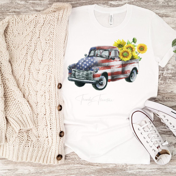 Vintage truck sunflower American flag Sublimation Transfer, artwork of a vintage truck decorated with American flag design and sunflowers on the bed, on a white T-shirt.