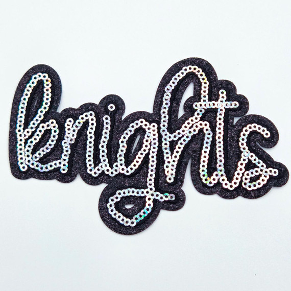 Knights Sequin & Black Glitter Mascot Hat Patch, decorative patch with black glitter background and white sequins outlining the design.