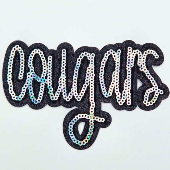 Cougars Sequin & Black Glitter Mascot Hat Patch, black glitter patch with the word 'Cougars' outlined in iridescent sequins.