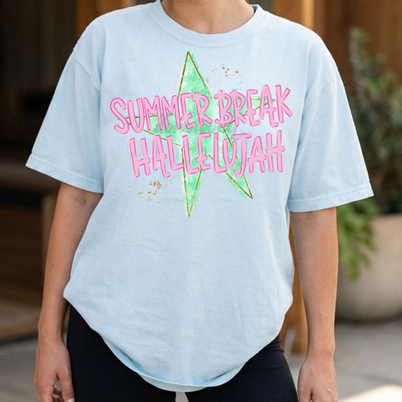 Summer Break Hallelujah DTF Heat Transfer, colorful summer-themed text design on a light blue T-shirt.