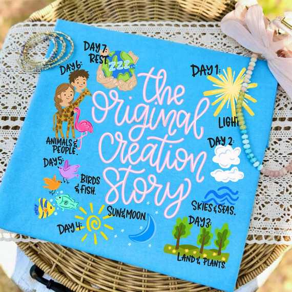The Original Creation Story, colorful illustration of the days of creation with animals, sun, moon, stars, trees, clouds, and seas on a blue background for a heat transfer product.
