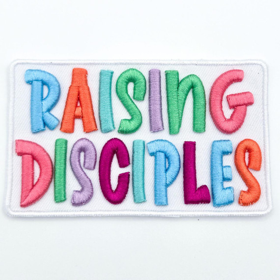 Raising Disciples Puff Embroidered Hat Patch – 4 inches wide, colorful multicolor embroidered patch with raised text design.