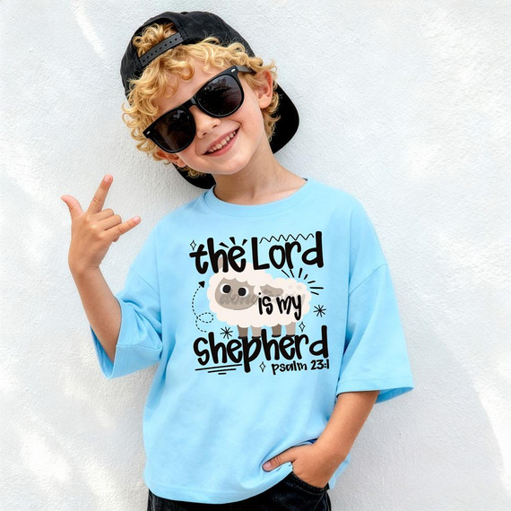 Product Retro The Lord Is My Shepherd DTF Heat Transfer, a graphic T-shirt featuring a cute sheep and the biblical verse Psalm 23.