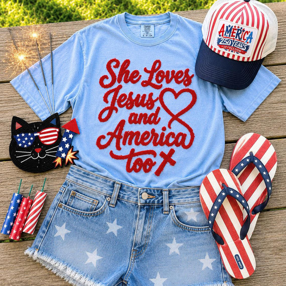She Loves Jesus and America Too Fluffy Patch, patriotic themed clothing and accessories including a blue T-shirt with red embroidery, American flag hat, star pattern shorts, flip-flops, and American flag-themed decorations.