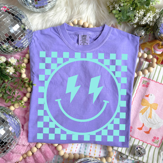 Checkered Lightning Bolt Happy Face DTF Heat Transfer