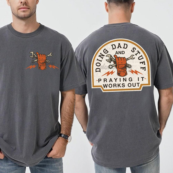 Doing Dad Stuff & Praying It Works Out SET DTF Heat Transfer, product image showing a gray T-shirt with a front and back printed design featuring tools and a glove.