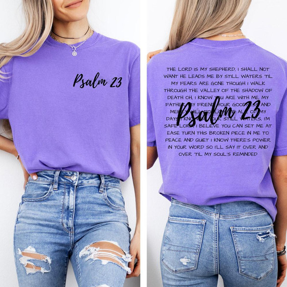 Psalm 23 BLACK SET DTF Heat Transfer, front and back view of a purple T-shirt with Psalm 23 quote, designed for custom printing.
