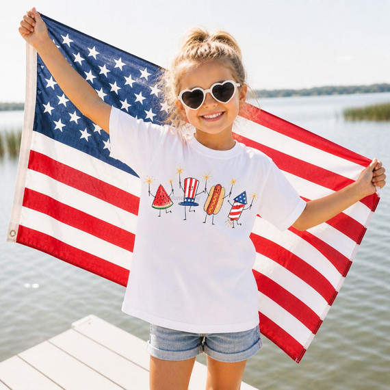 Patriotic Doodle DTF Heat Transfer, girl holding American flag on a boat dock