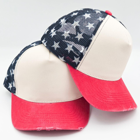 Vintage Americana Trucker Hat, stylish cap featuring a red brim, white front panel, and black mesh back with white stars and American flag design.