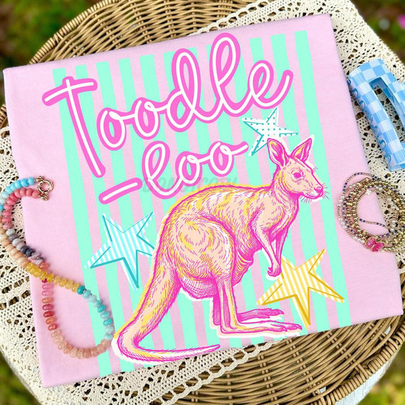 Toodle Loo Kangaroo DTF Heat Transfer, colorful printed design featuring a kangaroo with the words "Toodle Loo" in pink script, surrounded by pastel stars on a pink and teal striped background.