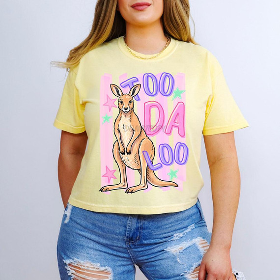 Too Da Loo Kangaroo DTF Heat Transfer, colorful kangaroo featuring the phrase 'Too Da Loo' on a yellow T-shirt.