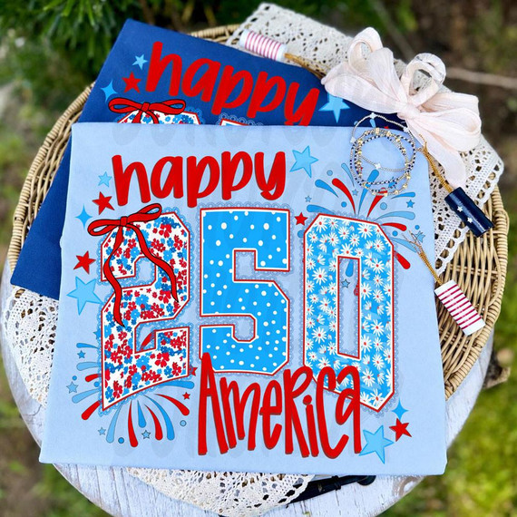 Happy 250 America DTF Heat Transfer, colorful patriotic design with the number 250 decorated with American flag patterns on a light blue background, celebrating 250 years of America.