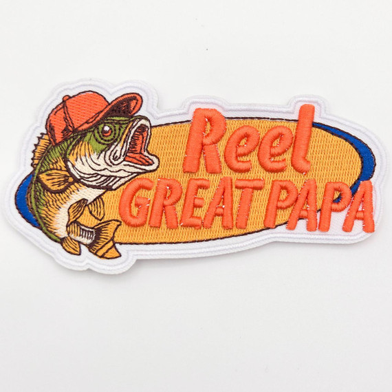 Reel Great Papa Embroidered Hat Patch – 5" Wide, colorful patch featuring a detailed embroidered fish wearing a hat and the text 'Red Great Papa' on an oval background.