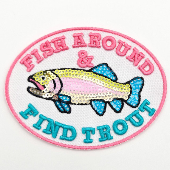 Fish Around & Find Trout Puff Embroidered Sequin Hat Patch, pink fish with blue fins and sequins, 4 inches wide.