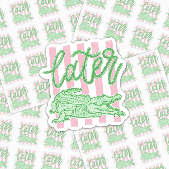 Later Gator Vinyl Sticker Sheet – Waterproof & Weatherproof, featuring green crocodile and pastel pink and white striped background with 'later' written in cursive.