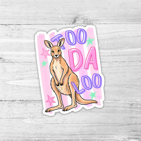 Too Da Loo Kangaroo Die Cut Vinyl Sticker, illustrated kangaroo with pink and purple text and colorful stars on white background.